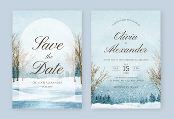 Wedding invitation set with watercolor winter forest landscape. Set of wedding invitation template with watercolor landscape.