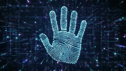 Glowing blue handprint emerges from digital particles. - Powered by Adobe