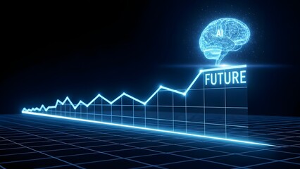 A futuristic graph with a brain and an upward trend line indicating growth and innovation