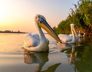 Pelicans glide gracefully across a calm lake at sunrise