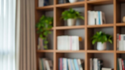 A blurred view of a cozy home library with books and potted plants on wooden shelves