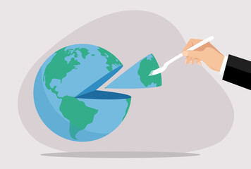 A hand uses a fork to take a slice of the Earth, treating the planet like food. This represents human overconsumption, exploitation of global resources, and the unsustainable "consumption" of Earth&rsquo;s 