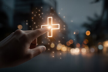 Pastor's Hand Reaching for Glowing Cross Amidst Evening Lights Inspiring