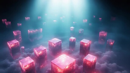 Glowing pink and red digital cubes rise from misty clouds, symbolizing blockchain, cybersecurity and cloud computing with futuristic light, abstract patterns and data flow visualization - Powered by Adobe