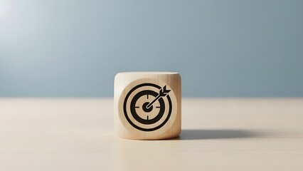 Wooden cube with target icon symbolizing business goals, focus, accuracy and strategic planning concept