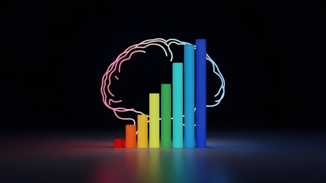 A colorful bar graph with a brain outline in the background, symbolizing growth and intelligence - Powered by Adobe