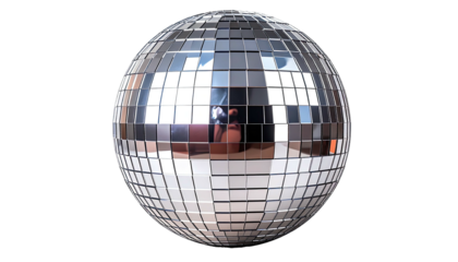 Close-up of a sparkling, spherical mirror, reflecting a scene against a black backdrop