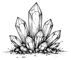 Hand drawn line art illustration of a crystal cluster depicting natural growth for geology and fantasy designs