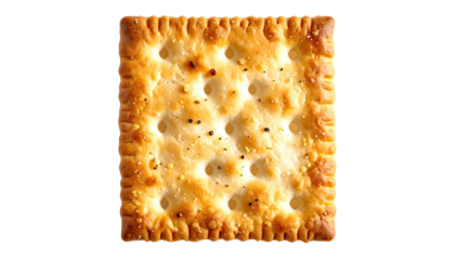 Close-up of a square baked cracker with dimples and a textured edge