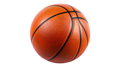 Close-up of a standard orange and black basketball, isolated against a solid black background