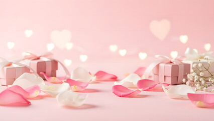 Beautiful pink roses with a romantic gift box and candles create a floral Valentine decoration for a beautiful spring wedding celebration of love and nature