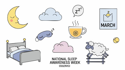 National Sleep Awareness Week illustration with sleep-related icons.