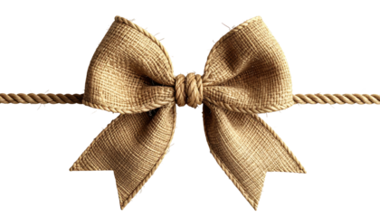 Close-up of a textured, brown bow made from woven material, tied with rope on black