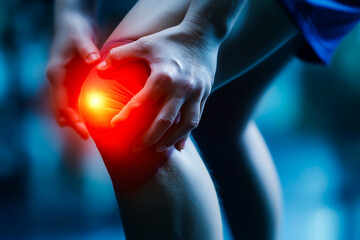 A dramatic close-up of hands holding a swollen, painful knee illuminated with a glowing red area to emphasize inflammation.