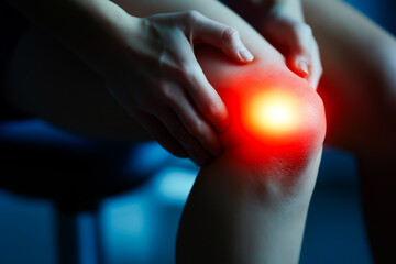 A dramatic close-up of hands holding a swollen, painful knee illuminated with a glowing red area to emphasize inflammation.