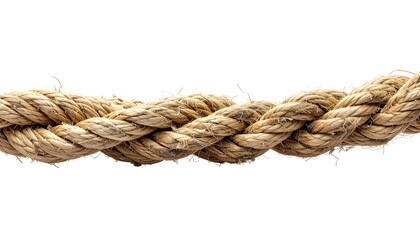 Close-up of a thick, twisted rope on a stark black background. Natural fibers with texture visible
