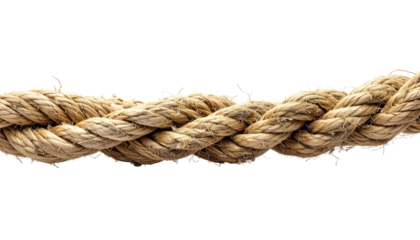 Close-up of a thick, twisted rope on a stark black background. Natural fibers with texture visible