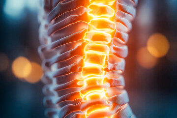 A close-up medical illustration of a human spine with glowing inflammation along the vertebrae, highlighting spinal injury, nerve pain, or chronic back conditions.