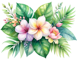Watercolor Tropical Spring Floral Bouquet with Green Leaves and Soft Flowers, Isolated on Transparent Background PNG