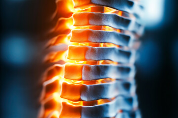 A close-up medical illustration of a human spine with glowing inflammation along the vertebrae, highlighting spinal injury, nerve pain, or chronic back conditions.