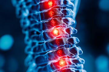 A close-up medical illustration of a human spine with glowing inflammation along the vertebrae, highlighting spinal injury, nerve pain, or chronic back conditions.