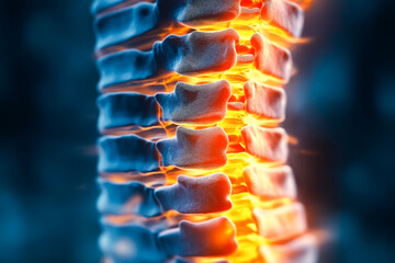 A close-up medical illustration of a human spine with glowing inflammation along the vertebrae, highlighting spinal injury, nerve pain, or chronic back conditions.