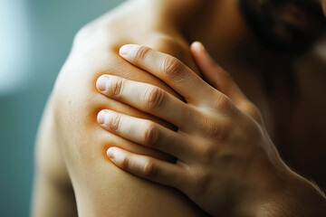 A close-up shot of a person holding their painful shoulder, illustrating swelling, discomfort, and joint injury.