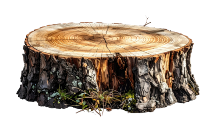 Close-up of a tree stump showing growth rings and bark detail, against a black backdrop