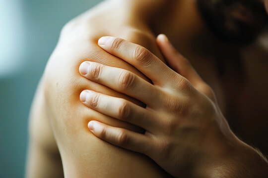 A close-up shot of a person holding their painful shoulder, illustrating swelling, discomfort, and joint injury.