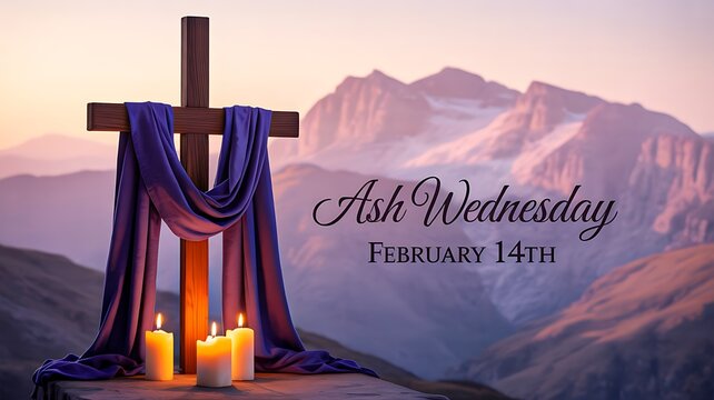 Ash wednesday cross with candles and mountain landscape

