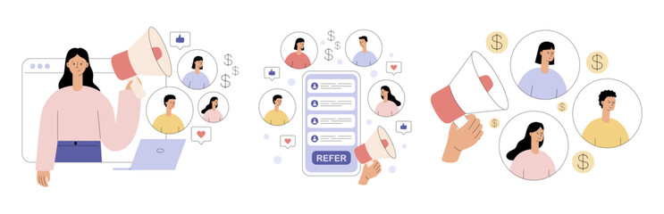 Refer a friend concept set. Marketing referral program. Special offer announcement. Invite friends for community, social media or app. Flat vector illustration for website, landing page, mobile app