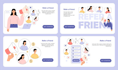 Refer a friend concept set. Marketing referral program. Special offer announcement. Invite friends for community, social media or app. Flat vector illustration for website, landing page, web banner