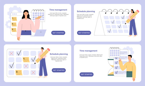 Schedule planning set. Character planning work task, filling check list, making schedule. Time management, self management, productivity. Flat vector illustration for website, landing page, web banner - Powered by Adobe