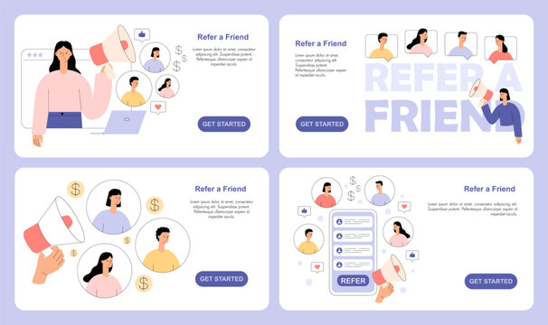 Refer a friend concept set. Marketing referral program. Special offer announcement. Invite friends for community, social media or app. Flat vector illustration for website, landing page, web banner