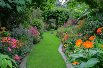 A vibrant flower garden featuring a winding green pathway surrounded by blooming flowers and lush foliage.