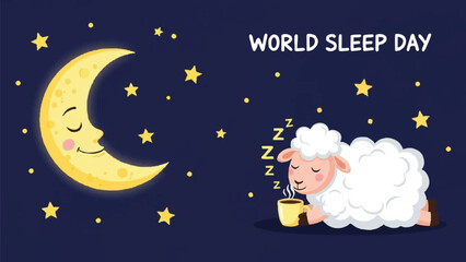 Cute sleeping sheep enjoying a warm drink on World Sleep Day.