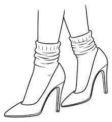 Hand drawn line art illustration of women's legs depicting high heels and slouch socks for fashion design