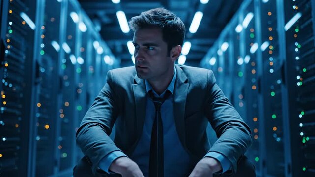 Frustrated man in a suit holds his head in a dark server room with blue server lights.