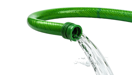 Close-up of a vibrant green garden hose spewing a stream of clear, flowing water
