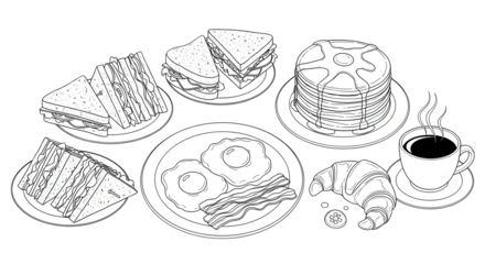 Delicious Breakfast Spread Featuring Sandwiches Pancakes Eggs and Coffee.