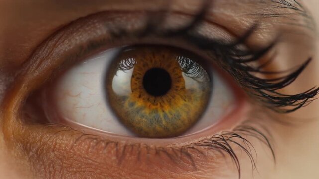 A close-up of a human eye with a golden-brown iris and intricate radial patterns, long curved eyelashes, and natural skin texture, emphasizing anatomical detail, color, and expressive depth.