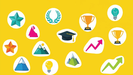 Collection of colorful achievement and success icons on a yellow background.