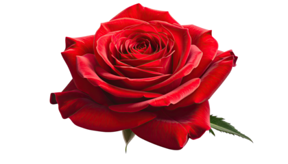 Close-up of a vibrant red rose in full bloom, petals meticulously detailed, isolated on black