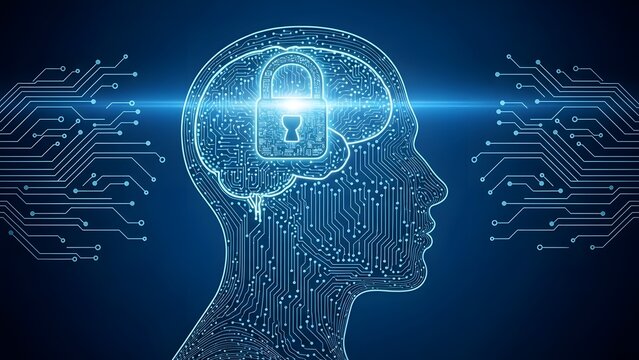 A futuristic digital illustration of a human head with a glowing blue circuit board and a padlock in the brain - Powered by Adobe