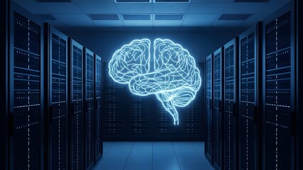 A glowing blue brain illustration in a dark server room with rows of computer servers