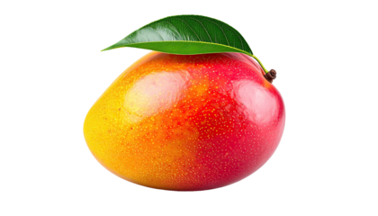 Close-up of a vibrant, ripe mango with a single green leaf. A tasty, tropical fruit on black