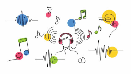 Abstract illustration of a person listening to music with sound waves and notes.