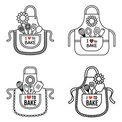 I Love To Bake Apron Icon Set with Kitchen Utensils and Sunflowers Vector