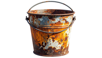 Close-up of a weathered, rusty metal bucket with handle, isolated on black
