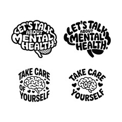 Mental Health Awareness Brain Icon Set Lets Talk and Take Care Typography Vector